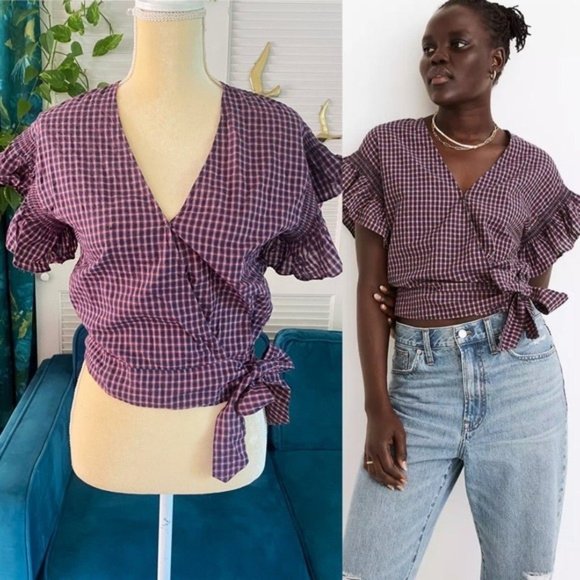 Flutter Sleeve Side Tie Wrap Top Plaid Small New Cotton Smocked Fall - Picture 1 of 6